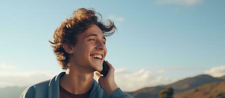 Adolescência caucasiano Garoto alegremente conversando em a telefone ao ar livre com quarto para texto foto