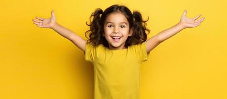 feliz esperançoso branco menina dentro verde camisa em amarelo fundo com mãos aberto cópia de espaço foto