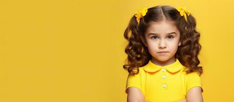 caucasiano menina dentro amarelo vestir sorrisos maliciosos e pontos longe indicando alguma coisa desagradável dentro propaganda promovendo grande preço conceito foto