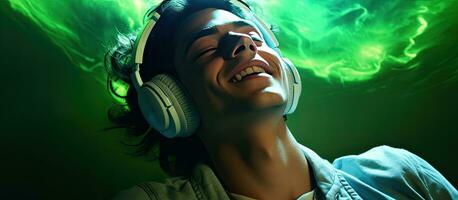 adolescente Garoto desfrutando música dançando e cantando com fechadas olhos feliz dj e sorrir na moda adolescente estilo de vida retrato em verde fundo com néon luzes foto