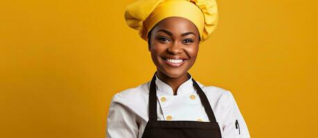 alegre africano americano fêmea cozinhar dentro uniforme e chapéu alegremente olhando de relance às forno luva em mão posando com deleite dentro amarelo estúdio pano de fundo foto
