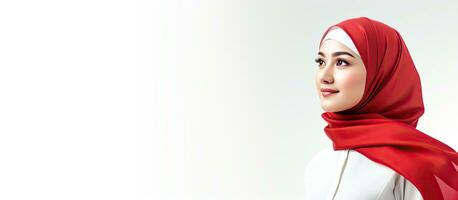 uma jovem mulher vestido dentro hijab e vermelho topo olhares fixos às a idéia em branco fundo Indonésia s independência dia foto