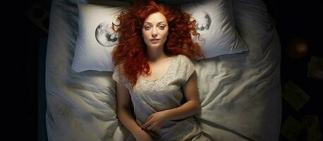pássaro s olho Visão do uma lindo ruiva mulher dentro cama vestindo roupa de dormir com vermelho cachos espalhar em uma branco travesseiro acompanhado de uma acolhedor Castanho cobertor e vazio foto