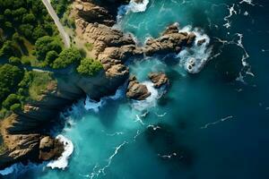 lindo cênico aéreo Visão do a oceano costa, ai gerar foto