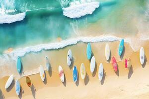 aéreo topo Visão do surfar borda em a mar praia, ai gerar foto