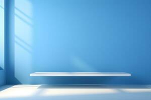 mesa para exibição do apresentação produtos com azul parede quarto com janelas mostrando luz solar, vaso e Panela com uma plantar dentro a estilo do minimalista fundo, moderno interior conceito, ai gerar foto