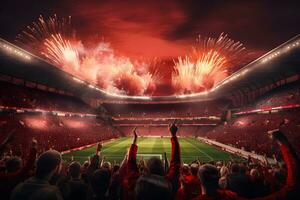 futebol futebol campo estádio às noite e fogos de artifício, ai gerar foto