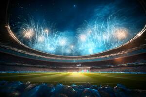 futebol futebol campo estádio às noite e fogos de artifício, ai gerar foto
