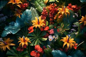 colorida flores dentro a jardim, topo Visão tropical flores plantas fundo, ai gerar foto