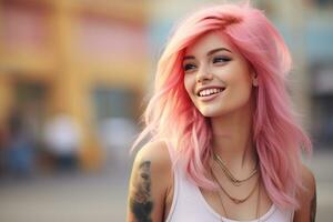 menina com Rosa cabelo com tatuagens em a rua, foto