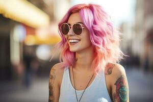 menina com Rosa cabelo com tatuagens em a rua, foto