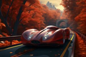 uma futurista vermelho carro em a estrada outono decorações. ai gerado. foto