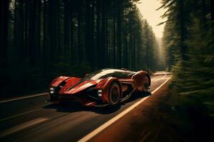uma futurista vermelho carro em a estrada com floresta. fantástico carro. ai gerado. foto