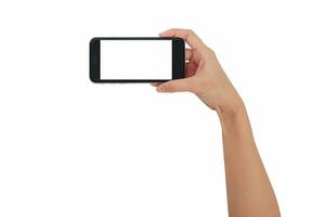 mão segurando inteligente telefone isolado branco fundo, usar recorte caminho foto