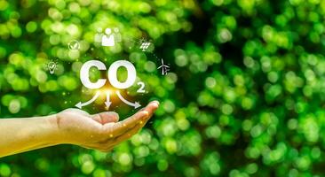 reduzir co2 emissões conceitos, global aquecimento, e clima mudança energia conservação, sustentável desenvolvimento, terra dia. longo prazo sustentabilidade e social impacto, não tóxico gases foto