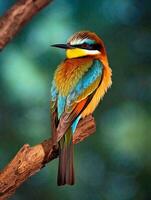 ai generativo uma colorida barbudo apicultor pássaro com inseto em pé em uma ramo foto