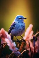 ai generativo lindo azul pássaro ultramar papa-moscasficedula superciliar descansar em terra dentro natureza foto