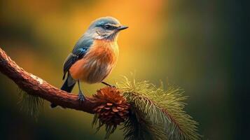 ai generativo lindo pássaro de frente azul redstart phoenicurus frontal em pé em ramo dentro natureza foto