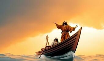 Jesus Cristo em a barco acalma a tempestade às mar. foto