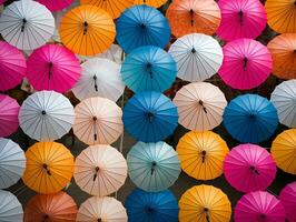 colorida bandeira com uma grupo do papel guarda-chuvas generativo ai foto