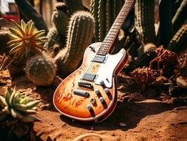 uma guitarra deitado em a terra Próximo para uma cacto generativo ai foto