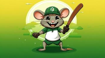 uma fofa rato Esportes mascote plano ilustração vestindo uma beisebol uniforme e jogando beisebol generativo ai foto