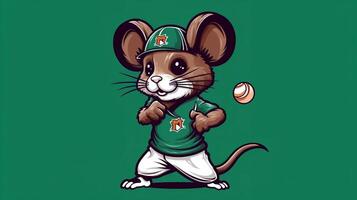 uma fofa rato Esportes mascote plano ilustração vestindo uma beisebol uniforme e jogando beisebol generativo ai foto