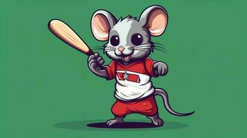 uma fofa rato Esportes mascote plano ilustração vestindo uma beisebol uniforme e jogando beisebol generativo ai foto