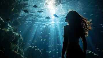 menina tendo Diversão explorando aquático vida às a aquário. silhueta conceito foto