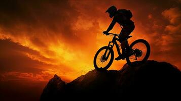 pôr do sol silhueta do uma homem ciclismo em uma montanha bicicleta foto