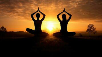 dois mulheres fazendo ioga às nascer do sol. silhueta conceito foto