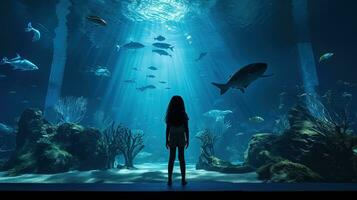 menina tendo Diversão explorando aquático vida às a aquário. silhueta conceito foto