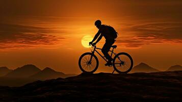 pôr do sol silhueta do uma homem ciclismo em uma montanha bicicleta foto