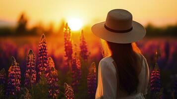 uma menina dentro uma luz vestir e chapéu anda em dentro uma flor campo preenchidas com colorida tremoço durante uma ensolarado verão tarde incorporando Paz e relaxamento a partir de todo dia tr. silhueta conceito foto