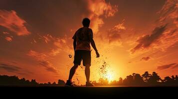 badminton jogador s silhueta durante dourado hora pôr do sol foto