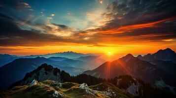 Alemanha s Wendelstein montanhas durante pôr do sol dentro bávara. silhueta conceito foto