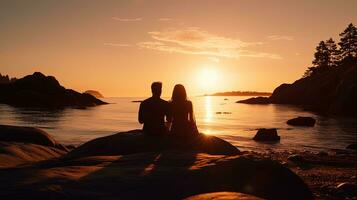 casal abraçando em de praia às pôr do sol □ Gentil iluminação sereno água visto a partir de atrás em ilha costa acampamento. silhueta conceito foto