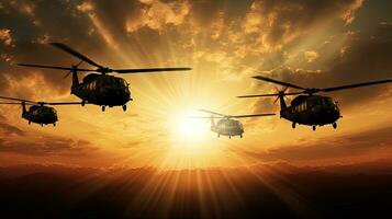 cinco militares helicópteros recortado contra uma dourado pôr do sol céu foto