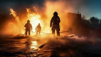 bombeiros usando Alto pressão água para batalha uma fogo a profissional bombeiros Treinamento para emergências ocupacional Treinamento para bombeiro s segurança. silhueta conceito foto