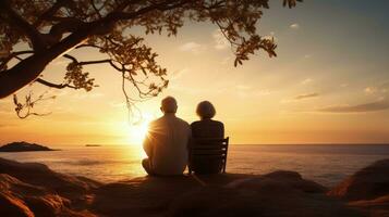 idosos casal desfrutando pôr do sol de a mar. silhueta conceito foto