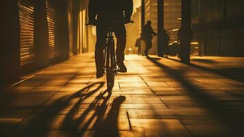 sombra caminhando com bicicleta silhueta em brilhante calçada fundo foto