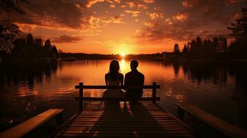 casal em uma lago doca assistindo a pôr do sol às seus casamento. silhueta conceito foto