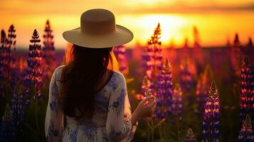 uma menina dentro uma luz vestir e chapéu anda em dentro uma flor campo preenchidas com colorida tremoço durante uma ensolarado verão tarde incorporando Paz e relaxamento a partir de todo dia tr. silhueta conceito foto