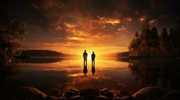 homens s silhuetas ao lado a lago durante pôr do sol foto