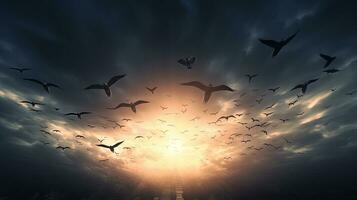 pássaros dentro a céu criando uma sinal forma. silhueta conceito foto