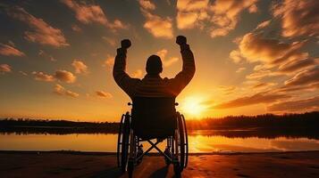 homem dentro uma cadeira de rodas com estendido mãos às pôr do sol visto a partir de atrás. silhueta conceito foto