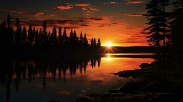 silhueta do árvores dentro frente do uma canadense lago às crepúsculo com uma brilhando pôr do sol foto