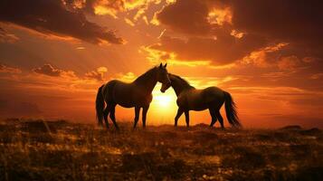 cavalos em a campo às pôr do sol. silhueta conceito foto