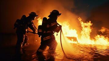 bombeiros usando Alto pressão água para batalha uma fogo a profissional bombeiros Treinamento para emergências ocupacional Treinamento para bombeiro s segurança. silhueta conceito foto