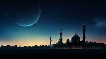mesquitas com cúpula e crescente representando islâmico tradições e celebrações em uma crepúsculo céu com espaço para árabe texto simbolizando Ramadã eid al adha eid uma. silhueta conceito foto